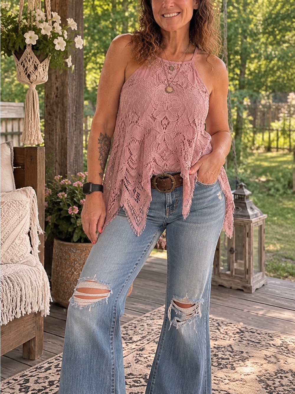 Dusty Rose Floral Crochet Lace Handkerchief Hem Boho Tank Top